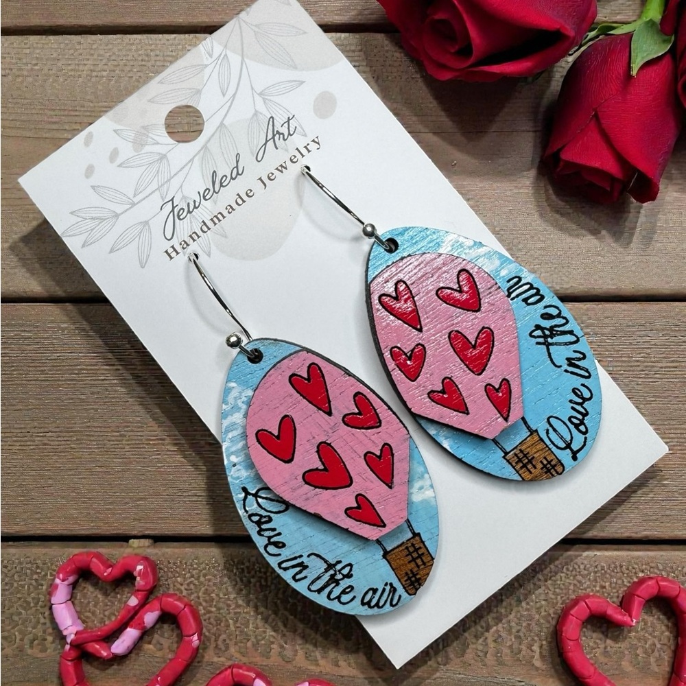 Jeweled Art Hand-Painted Love in the Air Balloon Earrings Wood Engraved - Picture 4 of 10